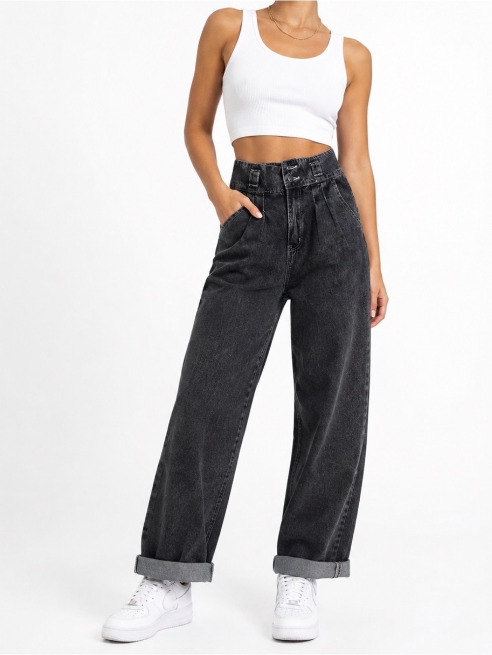 12th Tribe Women’s Medium Black Acid Wash Pleated Jeans  cuffed Straight Leg